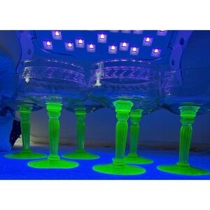 Vintage Uranium Glass Goblets Set of 6 Etched Bowls Ribbed Green Stems UV Glow